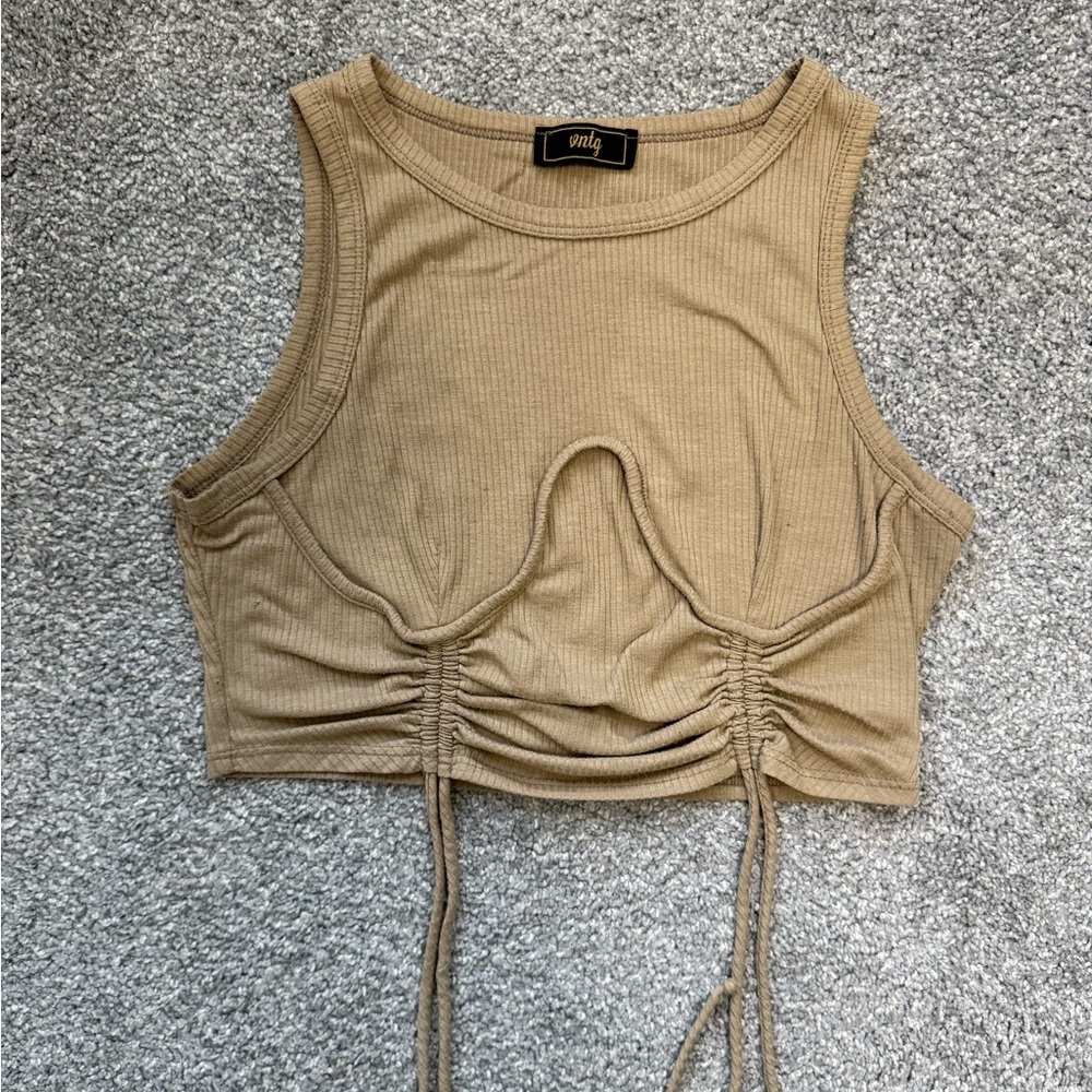Tan Ribbed Ruched Crop Tank Top - Picture 2 of 4